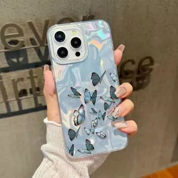 Мягкий чехол с принтом бабочек, тонкий, прозрачный, для iPhone 16 Pro 15 Pro Max 14 13 12 11, блестящий, с перьями, противоударный, с блестками, жесткая задняя крышка из ПК iPhone 16 синий