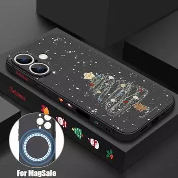 Мягкий чехол с рисунком мультяшной рождественской елки для iPhone 16 15 14 13 12 Pro Max 11 с магнитной защитой для беспроводной зарядки Magsafe и шнурком iPhone 16 чёрный