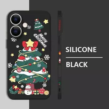 Мягкий чехол с рисунком снеговика и рождественской елки для iPhone 16 Pro Max 15 14 Pro 13 12 11 TPU Lanyard Slim Matte Противоударный чехол для телефона iPhone 16 чёрный