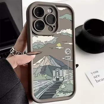 Мягкий чехол TPU с принтом анимационного горного поезда для iPhone 16 Pro 15 Plus 14 Pro Max 13 12 11 XS XR, матовый противоударный силиконовый защитный чехол для объектива телефона iPhone 16 чёрный