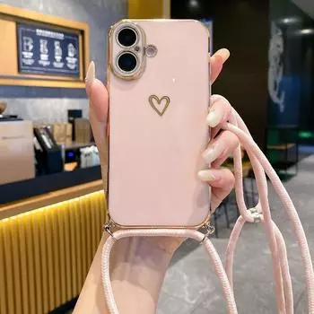 Мягкий чехол TPU с принтом в виде сердца для iPhone 16 Pro Max 15 Pro 14 Pro 13 12 11, ремешок через плечо, противоударный, защита линз, глянцевый чехол для телефона iPhone 16 розовый