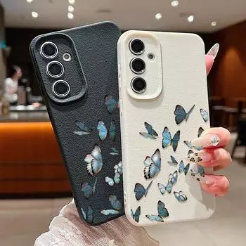 Мягкий чехол TPU с рисунком бабочки для Samsung S25 S24 S22 Ultra Plus S23 S21 S20 Fe A15 A16 A35 A55 A56 A26, кожаная текстура, противоударный чехол против падений Samsung S25 чёрный