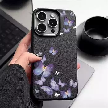 Мягкий чехол TPU с узором в виде фиолетовой бабочки для iPhone 16, 15, 14, Pro, 13, 12, Pro Max, 11, кожаная текстура, ударопрочный, однотонный, тонкий, противоударный, матовый чехол iPhone 16 чёрный