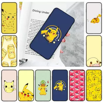 Мягкий черный чехол JP34 Pikachu для iPhone 16 15 Plus 14 13 Pro 8 SE XR XS Max P30 Nova 5T Y5P Y6 Y7 Y8P Y9 Realme C30 C33 C31 VIVO Y36 V27 Huawei Y6 2019 гагат