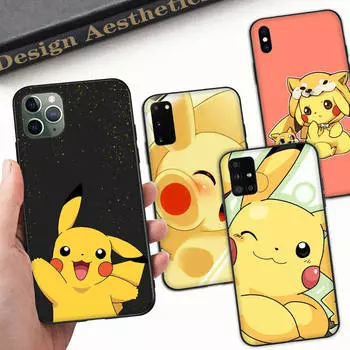 Мягкий черный чехол Z-18 Pokemon pikachu для Samsung S22 S23 S21 S24 FE Ultra iPhone XR 14 15 11 12 13 Pro Max Redmi Note 13C 8 A12 A55