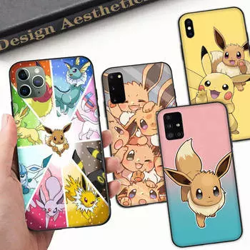 Мягкий черный чехол Z-21 Eevee Pokemon для Samsung S22 S23 S21 S24 FE Ultra iPhone XR 14 15 11 12 13 Pro Max Redmi Note 13C 8 A12 A55
