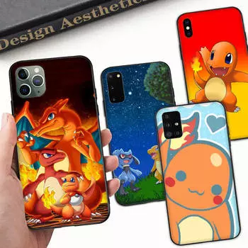 Мягкий черный чехол Z-23 Charmander Pokemon для Samsung S22 S23 S21 S24 FE Ultra iPhone XR 14 15 11 12 13 Pro Max Redmi Note 13C 8 A12 A55