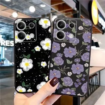 Мягкий черный силиконовый чехол с рисунком цветка и кошки для Samsung Galaxy A55 A54 A34 A35 S24 Xiaomi Redmi Note 13 Pro, противоударный защитный чехол для камеры Samsung Galaxy S23