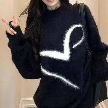 Мягкий черный свитер с круглым вырезом из мохера и пуловер с напуском S чёрный