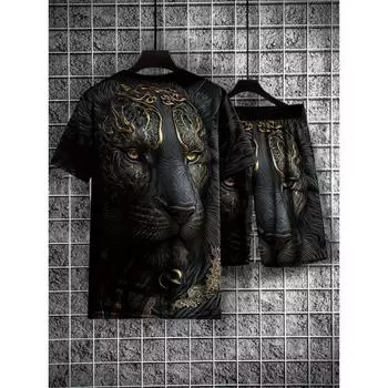 Мягкий дышащий повседневный спортивный комплект из 2 предметов - футболка с круглым вырезом и шорты из 100% полиэстера - слегка эластичный узорчатый для весенне-летних пляжных прогулок S