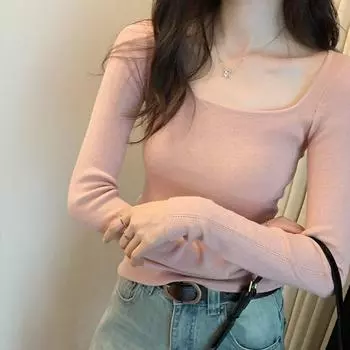 Мягкий и эластичный свитер с U-образным вырезом в корейском стиле для женщин, новый утягивающий черный топ с длинными рукавами на осень и зиму S
