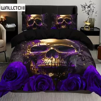 Мягкий и дышащий комплект постельного белья с рисунком фиолетовой розы и черепа для спальни, гостевой комнаты и декора общежития 135X200cm