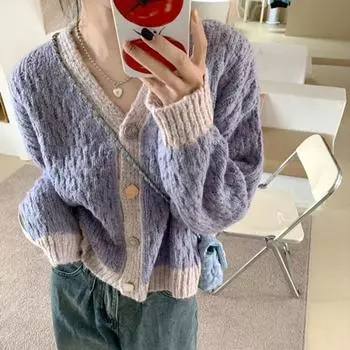 Мягкий и клейкий свитер, винтажный вязаный кардиган на осень и зиму, однобортный винтажный свитер, свободный кардиган, женский топ One Size лавандовый