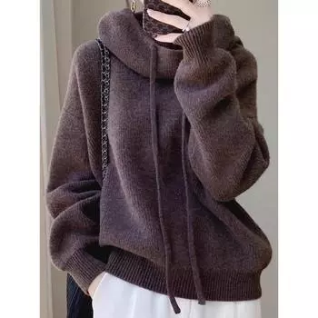 Мягкий и липкий свитер с капюшоном, толстый трикотажный универсальный свитер, куртка для женщин, однотонный эластичный пуловер, базовый женский топ, свитер для женщин S коричневый