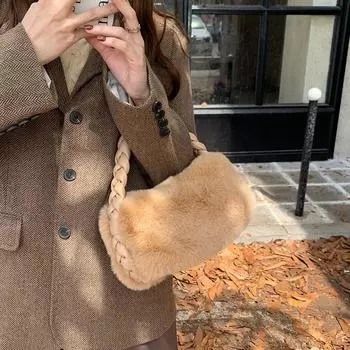 Мягкий искусственный мех женские сумки-тоуты маленькие зимние модные женские сумки и кошельки плетеные ремни дизайнерские женские сумки Cloud Pack сумка bolsa коричневый