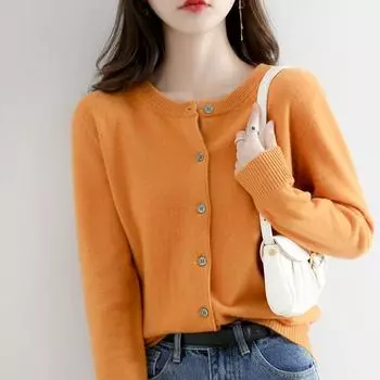 Мягкий клеевой вязаный кардиган с круглым вырезом для женщин, свободная однотонная куртка для женщин, осенняя верхняя одежда, топ с длинными рукавами M белый