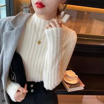 Мягкий клейкий пуловер, женский свитер на осень и зиму 2023, вязаный однотонный свитер с полувысоким воротником и длинными рукавами, женский пуловер One Size чёрный