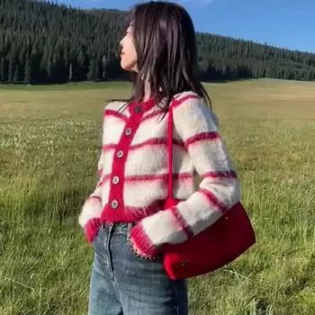 Мягкий клейкий свитер в контрастную полоску, куртка-кардиган, женская осень-зима 2023, японский винтажный вязаный свитер, топ-кардиган One Size красный
