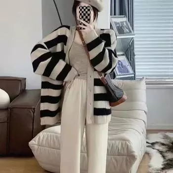 Мягкий клейкий свитер в полоску, вязаный кардиган, осень 2023, свободный свитер в Корейском стиле с напуском и длинными рукавами, женское пальто One Size чёрный