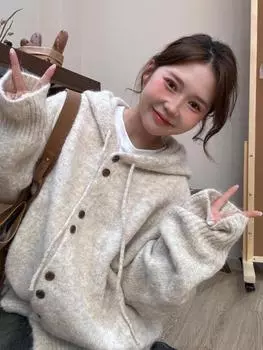 Мягкий клейкий вязаный кардиган с капюшоном для женщин, осенне-зимний утолщенный корейский стиль, ленивый, расслабленный, средней длины свитер One Size коричневый