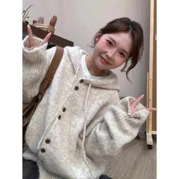 Мягкий клейкий вязаный кардиган с капюшоном для женщин, осенне-зимний утолщенный корейский стиль, ленивый, расслабленный, средней длины свитер XL серый