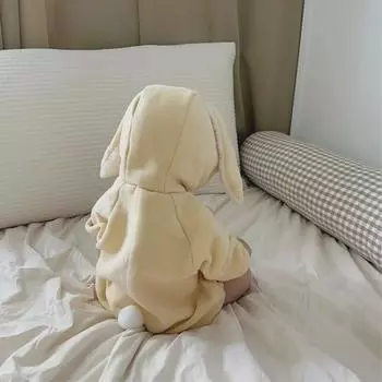 Мягкий комбинезон с заячьими ушками для малышей, осенне-зимний наряд для мальчиков и девочек в возрасте от одного года — идеально подходит для ползания и приключений на свежем воздухе 66 cm абрикосовый