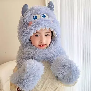 Мягкий комплект из трех предметов: мужская и женская шапки, утепленная шапка с рисунком из мультфильма, ветрозащитная защита для лица и теплая шапка Monster хаки