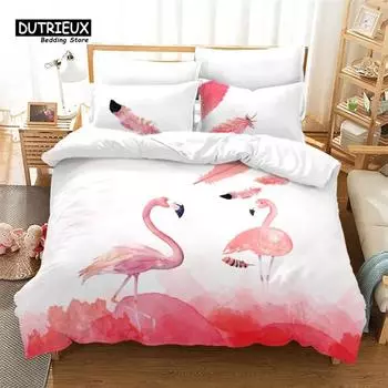 Мягкий комплект постельного белья с 3D-принтом «Фламинго» в свежем стиле с мультяшными животными, зелеными листьями, тропическими фруктами и цветами D EU Single 135x200cm