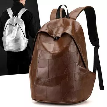 Мягкий кожаный рюкзак мужской большой емкости Splicing дорожный рюкзак для школьников коричневый