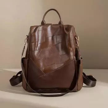 Мягкий кожаный рюкзак с защитой от кражи, большая вместимость, многофункциональная сумка через плечо, женская сумка для поездок в стиле пэчворк коричневый