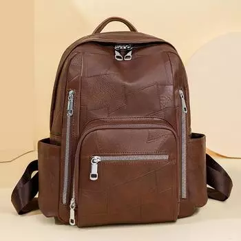 Мягкий кожаный рюкзак женский дорожный рюкзак большой емкости школьный ранец бежевый