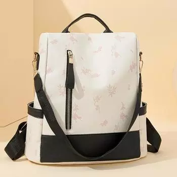 Мягкий кожаный рюкзак женский легкий с принтом большой емкости дорожная сумка школьный рюкзак для школьников чёрный/розовый