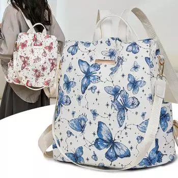 Мягкий кожаный женский рюкзак с принтом бабочек, многофункциональная сумка для поездок на работу синий