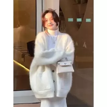 Мягкий липкий кардиган, свитер, женская однотонная трикотажная куртка, модная однобортная с пряжкой, нежная, милая, свободная, тонкая, для поездок на работу, на осень и зиму S белый
