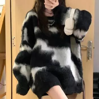 Мягкий липкий свитер для женщин, осенне-зимний дизайн, ретро-стиль, ленивый, полосатый, толстый, наружный, вязаный свитер, свитера женские S чёрный