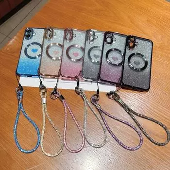 Мягкий магнитный чехол с блестками и градиентом для iPhone 16 Pro Max 15 14 Pro 13 12 11 для Magsafe, противоударный защитный чехол для объектива, прозрачный ремешок для телефона iPhone 16 чёрный