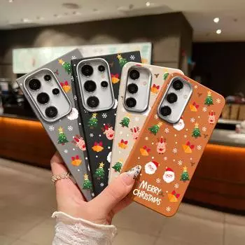 Мягкий матовый чехол для телефона из ТПУ с рождественским принтом для Samsung S24 FE S23 S22 Ultra A16 A55 A54 A15 A35 A34 с кожаной текстурой, тонкий противоударный чехол-бампер Samsung S24 FE чёрный