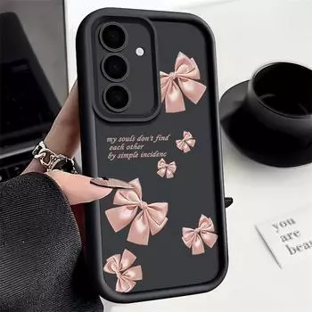 Мягкий матовый чехол для телефона с розовым бантом для Samsung S25 Ultra S24 FE S23 Plus A56 A16 A36 A55 A06 A26 A15 A35, противоударный защитный чехол для объектива из ТПУ Samsung S25 чёрный