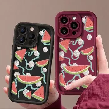Мягкий матовый чехол для телефона TPU с рисунком фруктового арбуза для iPhone 16 Pro Max 15 Pro 14 Plus 13 12 11 XS XR, силиконовый противоударный защитный чехол для объектива телефона iPhone 16 чёрный