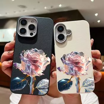 Мягкий матовый чехол из ТПУ с цветочным принтом и кристаллами для iPhone 16 Pro Max 15 Plus 14 Pro 13 12 11, кожаная текстура, тонкий противоударный чехол-бампер iPhone 16 чёрный