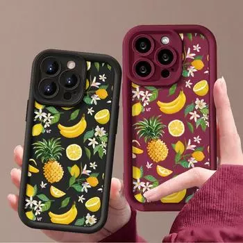 Мягкий матовый чехол с цветным принтом фруктов и цветов для iPhone 16 Pro 15 Pro Max 14 Plus 13 12 11 XS XR 8 7, силиконовый защитный чехол для линз, противоударный чехол для телефона из ТПУ iPhone 16 чёрный