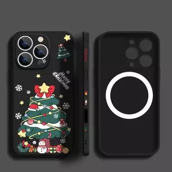 Мягкий матовый чехол с принтом снеговика и рождественской елки для iPhone 16, 15, Pro Max, 14, 13, 12, 11, для Magsafe, противоударный, тонкий, с магнитным ремешком, из ТПУ iPhone 16 чёрный
