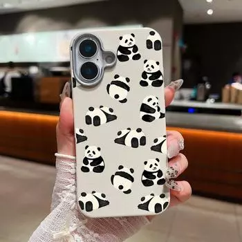 Мягкий матовый чехол TPU с милым рисунком маленькой панды для iPhone 16 Pro Max 15 Plus 14 Pro 13 12 11 XS XR 8 7 с текстурой кожи, тонкий противоударный чехол для телефона iPhone 16 чёрный