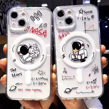 Мягкий милый прозрачный чехол Magsafe с беспроводной зарядкой космонавта для Iphone 14 13 12 11 Pro Max Plus, магнитный силиконовый чехол-бампер For iPhone 14Plus
