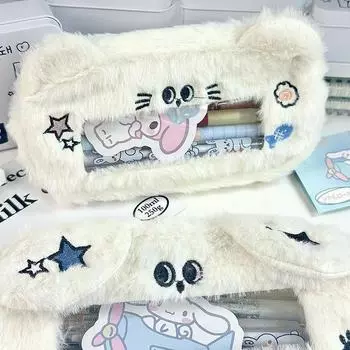 Мягкий плюшевый многофункциональный пенал с окошком для хранения канцелярских принадлежностей, вместительная сумка для ручек, подарок для студента