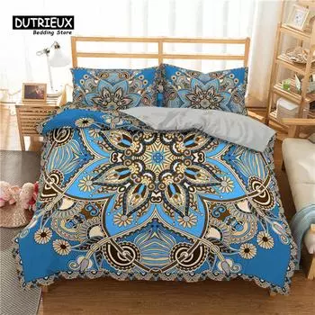 Мягкий пододеяльник с синим рисунком «Мандала» в стиле бохо, геометрический, золотистый, с цветочным узором, комплект постельного белья из микрофибры, пододеяльник, декор для спальни US Queen(228x228cm)