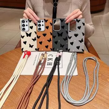 Мягкий противоударный чехол для телефона с принтом «любовь, сердце, бабочка» для Samsung S25 Ultra S24 FE S23 S22 S21 A16 A55 A56 A15 A36, тонкий чехол из матового ТПУ через плечо Samsung S25 чёрный