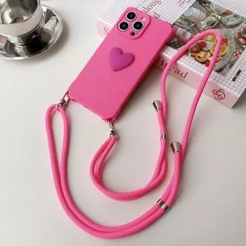 Мягкий противоударный чехол из ТПУ с 3D сердцем для телефона iPhone 15 14 Pro Max 13 12 Pro 11, защита объектива, длинный ремешок iPhone 15 чёрный