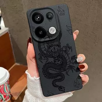 Мягкий противоударный чехол из ТПУ с принтом дракона для Xiaomi 13T Pro Poco X7 X6 Redmi Note 14 13 Pro 12 11 10 Pro с текстурой кожи и матовым тонким чехлом для телефона Redmi Note 14 5G чёрный