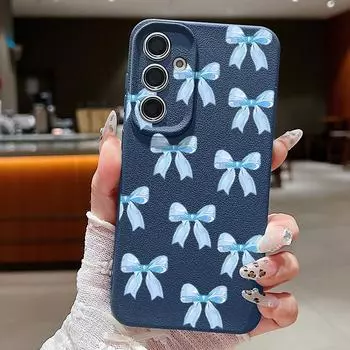 Мягкий противоударный чехол с принтом банта для Samsung S25 S24 FE S23 Ultra S22 A36 A56 A55 A16 A26 A35 из кожи с текстурой ТПУ, тонкий матовый чехол-бампер Samsung S25 синий